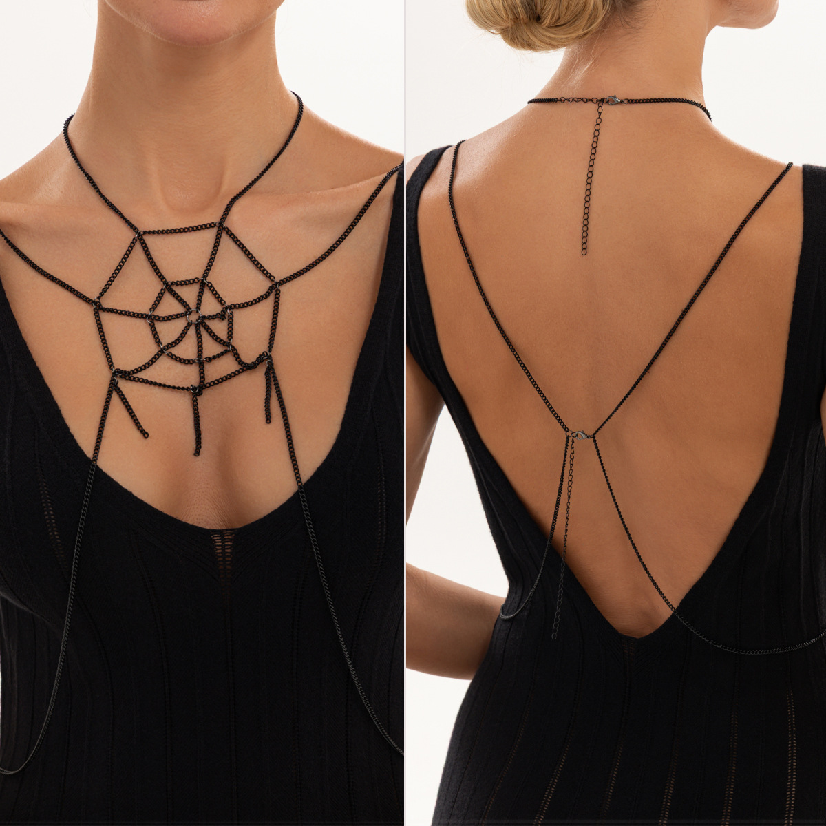 Body Jewelry Harness - Kalung Rantai Hitam Gothic untuk Wanita,